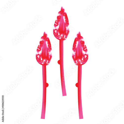 Three pink flowers with a black background

The design shows three objects that resemble red and pink flamingo lawn ornaments against a black background. Each object has a long, thin pink leg leading 