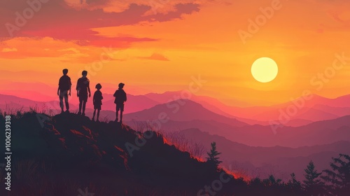 A family silhouetted against a stunning sunset, enjoying a hike on a hilltop with a picturesque landscape of rolling mountains and vibrant colors.