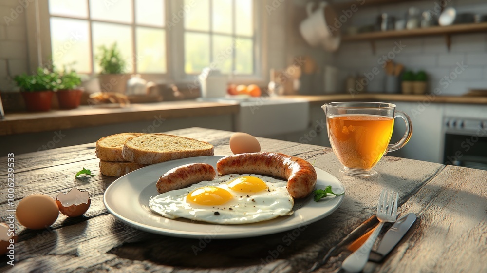 A breakfast plate of fried eggs and sausage, served with toast and tea, on a rustic wooden table in a realistic kitchen background A breakfast plate of fried eggs and sausage, served with toast and tea, on a rustic wooden table in a realistic kitchen background