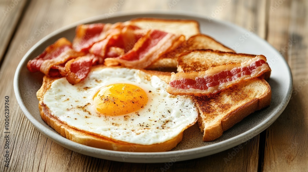 A breakfast plate with fried eggs, bacon, and toast, placed on a rustic wooden table, creating a simple and inviting realistic scene A breakfast plate with fried eggs, bacon, and toast, placed on a rustic wooden table, creating a simple and inviting realistic scene