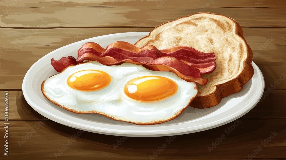 A breakfast plate with fried eggs, bacon, and toast, placed on a rustic wooden table, creating a simple and inviting realistic scene A breakfast plate with fried eggs, bacon, and toast, placed on a rustic wooden table, creating a simple and inviting realistic scene