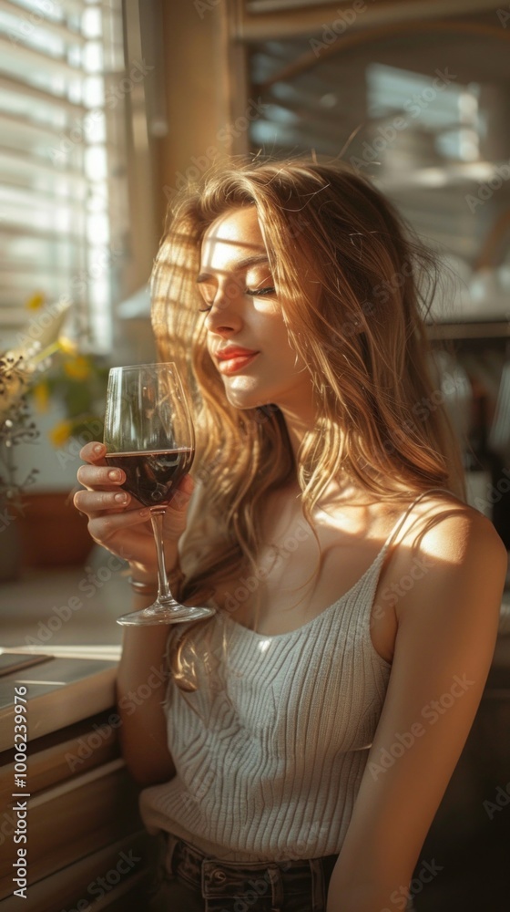 A woman in casual clothes enjoys wine by a window, bathed in sunlight. Serene and relaxed, she savors the moment with eyes closed. A woman in casual clothes enjoys wine by a window, bathed in sunlight. Serene and relaxed, she savors the moment with eyes closed.