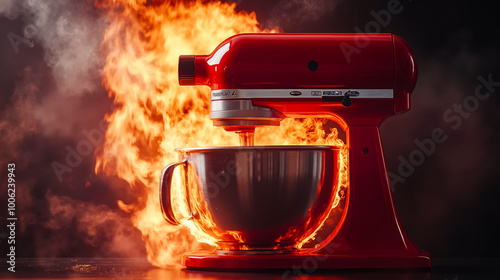 A red kitchenaid mixer with flames coming out of it photo