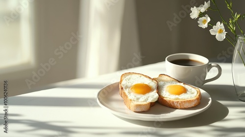 Wallpaper Mural A minimalist breakfast of fried eggs with toast and coffee, served on a simple table with a bright and realistic morning background Torontodigital.ca