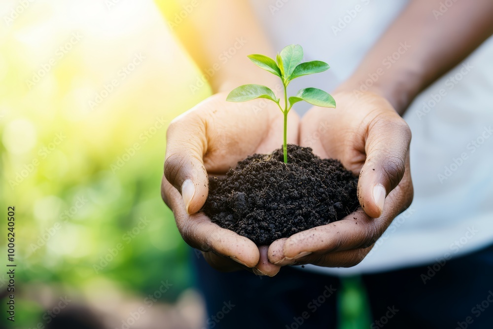 A close-up of hands holding soil with a small plant sprouting, symbolizing regeneration and climate-conscious efforts A close-up of hands holding soil with a small plant sprouting, symbolizing regeneration and climate-conscious efforts