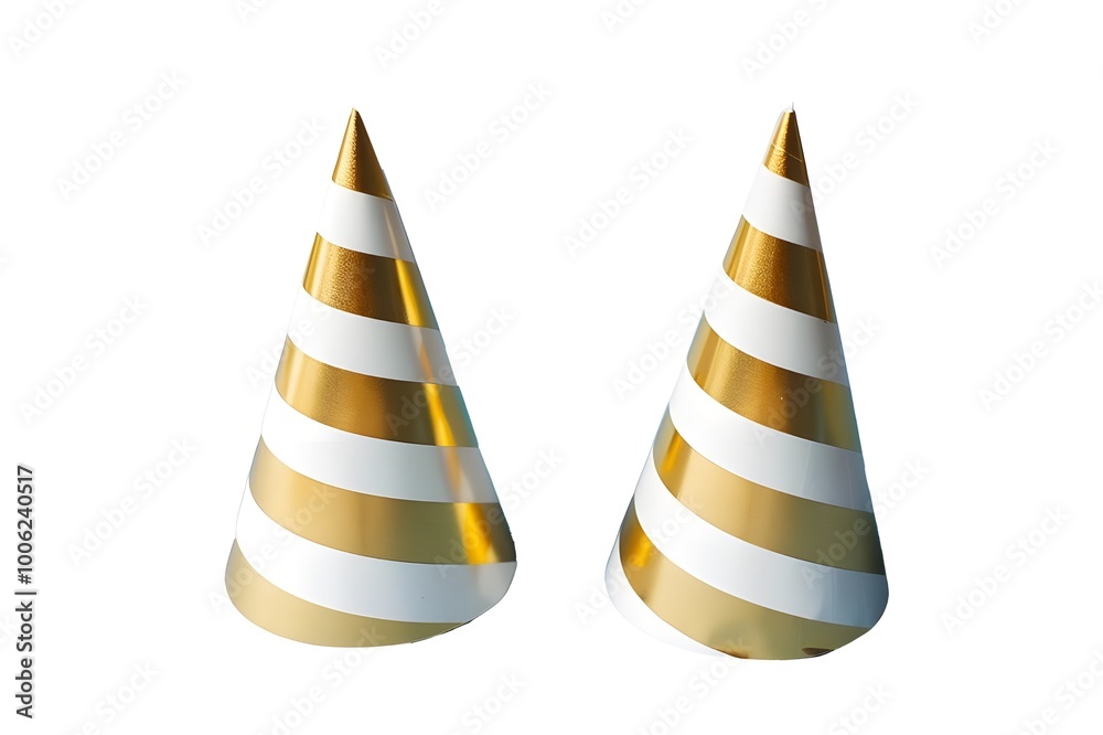 Gold and white striped birthday party hats on a Blue background, in a closeup Gold and white striped birthday party hats on a Blue background, in a closeup