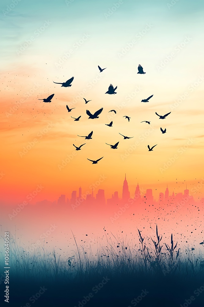 Obraz premium Sunset Sky with Birds Over City Silhouette