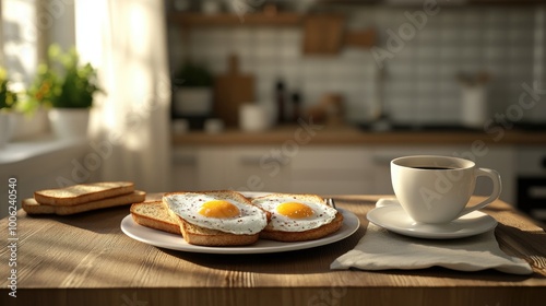 Wallpaper Mural A simple breakfast of fried eggs with toast, placed on a wooden table with a cup of coffee, set in a realistic, cozy kitchen Torontodigital.ca
