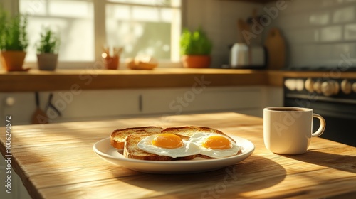 Wallpaper Mural A simple breakfast of fried eggs with toast, placed on a wooden table with a cup of coffee, set in a realistic, cozy kitchen Torontodigital.ca