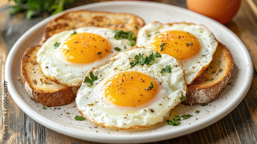 Fried eggs with herbs and toast on a white plate, served on a wooden table, set in a cozy, realistic kitchen atmosphere Fried eggs with herbs and toast on a white plate, served on a wooden table, set in a cozy, realistic kitchen atmosphere