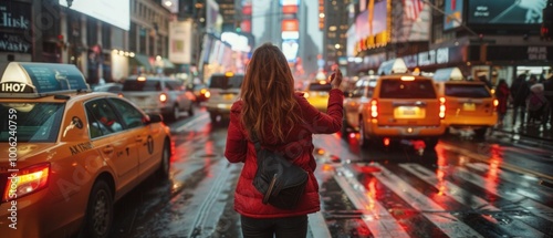 A vibrant city street scene with a young woman in a red coat taking a photo, surrounded by colorful billboards and taxis in rainy Manhattan.