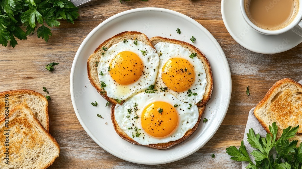 Fried eggs with herbs on a white plate, alongside toast and a cup of coffee, placed on a cozy breakfast table with a natural, realistic background Fried eggs with herbs on a white plate, alongside toast and a cup of coffee, placed on a cozy breakfast table with a natural, realistic background