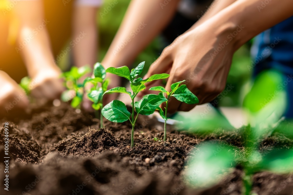 A close-up of volunteers' hands planting seedlings in the soil, symbolizing hope and regrowth in the fight against climate change A close-up of volunteers' hands planting seedlings in the soil, symbolizing hope and regrowth in the fight against climate change