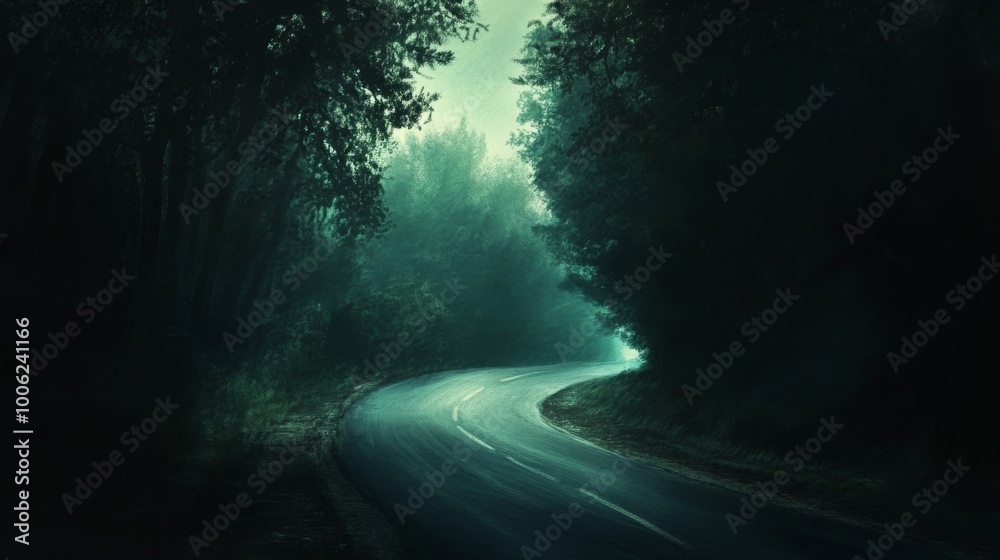 Winding road through dark forest, atmospheric landscape. Mystery and solitude concept