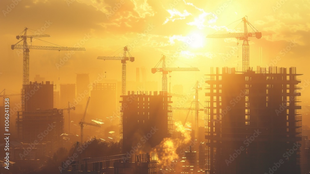 A city skyline with a large crane in the foreground A city skyline with a large crane in the foreground