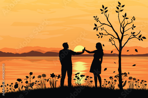 Silhouette landscape of romantic couple on a beach at sunset