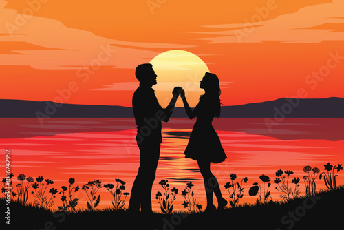 Silhouette landscape of romantic couple on a beach at sunset