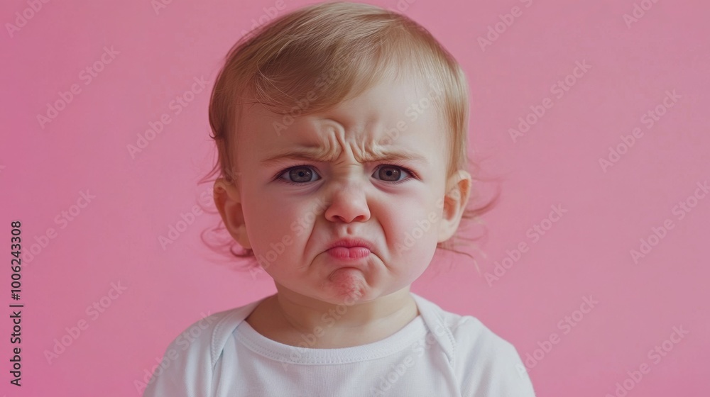 Toddler with a displeased expression against a pink background Toddler with a displeased expression against a pink background