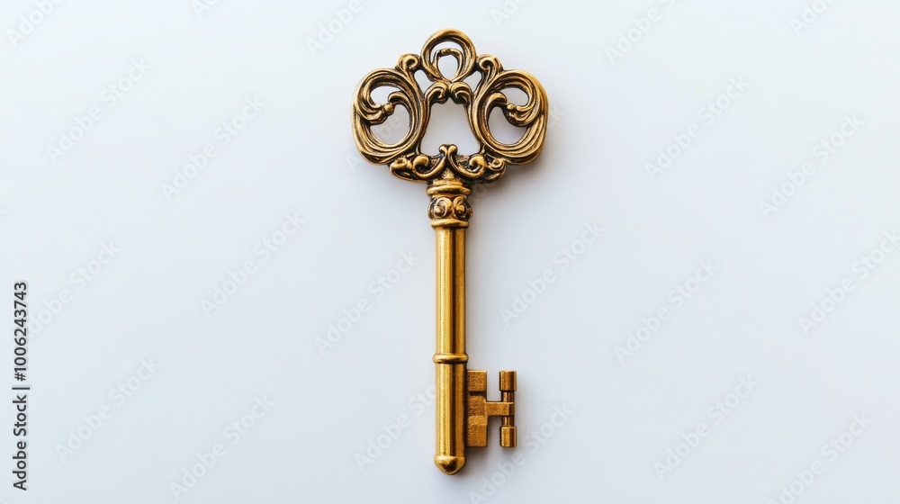 Antique golden key lying on white background Antique golden key lying on white background