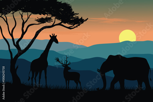 Silhouette landscape at sunset over a mountain with wildlife in evening glow