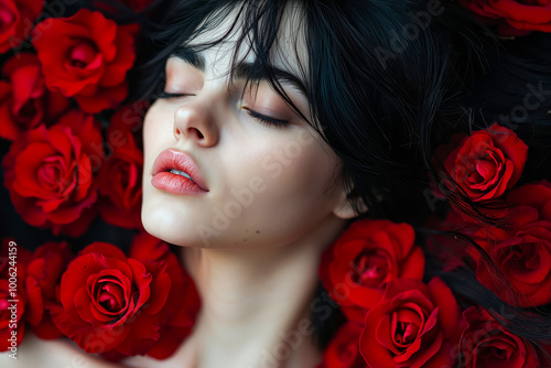 A woman laying on top of a bed of red roses photo