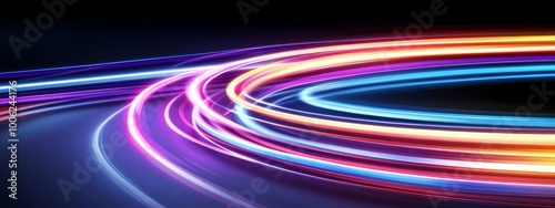 Abstract Background with Colorful Neon Lines and Glowing Speed Effect Featuring Curved Stripes in Purple, Blue, and Red