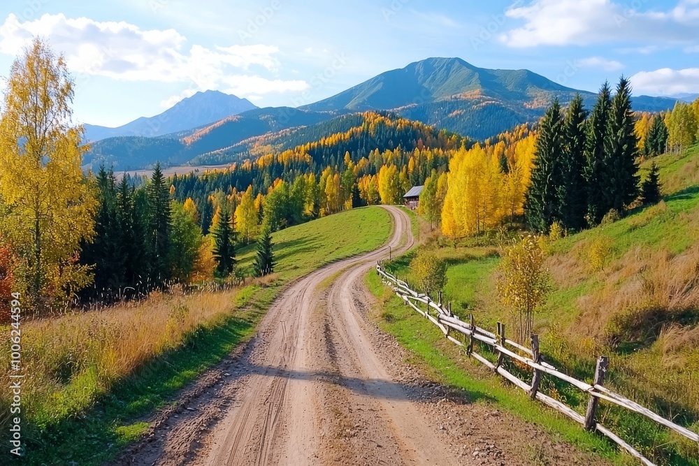 View from the top of a mountain, a road in a forest of dark green. View from the top of a mountain, a road in a forest of dark green.