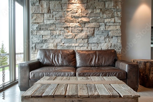 Industrial interiors in living rooms with stone walls and leather sofas and tables. Geberative AI
 photo