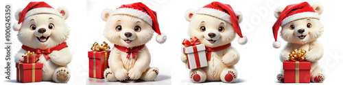 Christmas polar bears in a red hat on a transparent background