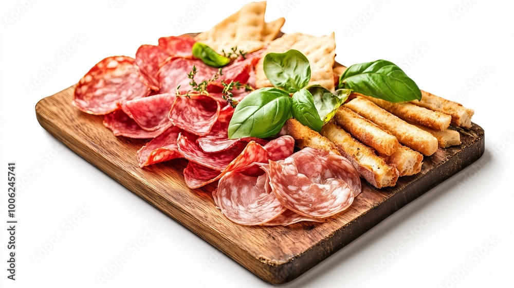 Delicious cold cuts platter with salami and breadsticks on wooden board Delicious cold cuts platter with salami and breadsticks on wooden board