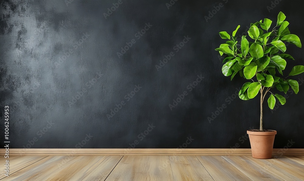 Dark Gray Wall with a Wooden Floor and a Green Plant in a Pot on the Right Side: Interior Background Dark Gray Wall with a Wooden Floor and a Green Plant in a Pot on the Right Side: Interior Background