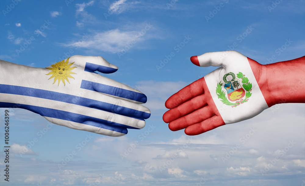 Peru and Uruguay country handshaking with flags, consensus concept international co-operation illustration