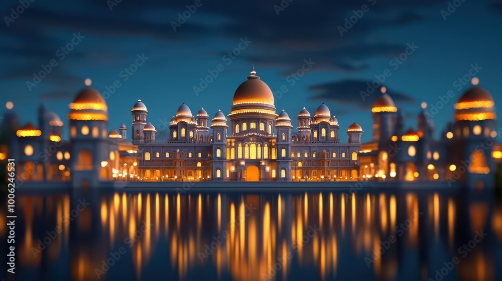 Fototapeta premium Stunning illuminated palace at night, reflecting on serene water.