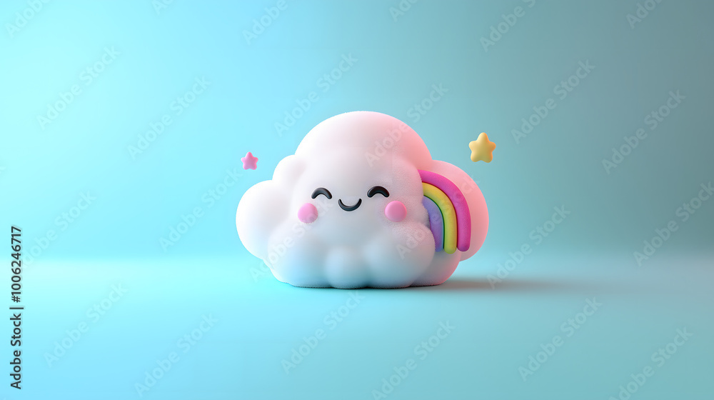 A cheerful 3D cloud hugging a rainbow, with soft textures and pastel hues, representing lovely weather.
A cheerful 3D cloud hugging a rainbow, with soft textures and pastel hues, representing lovely weather.