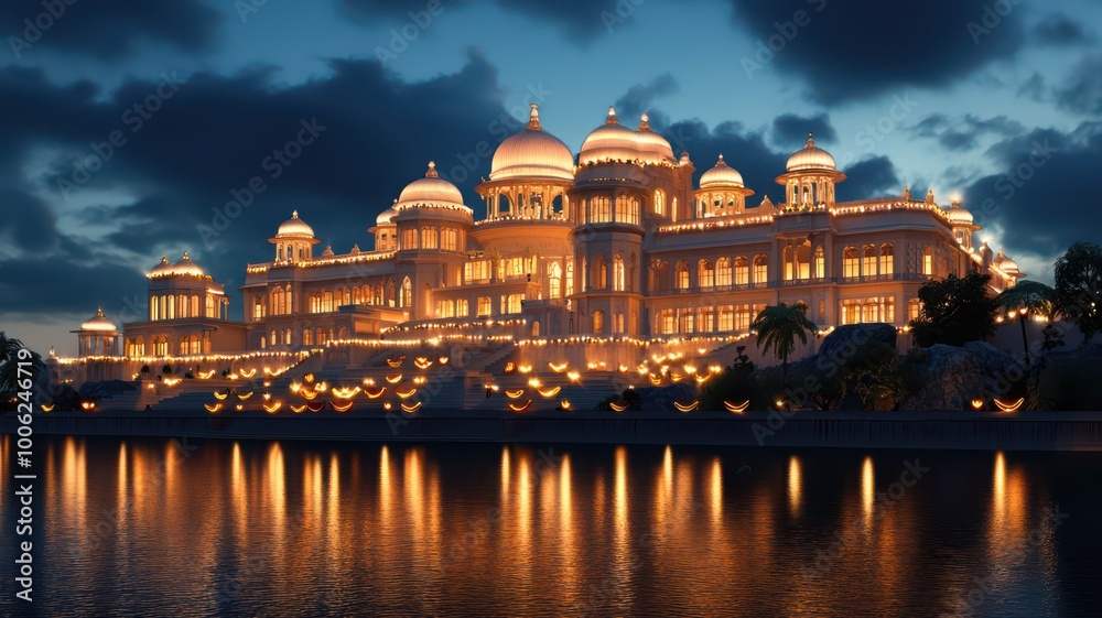 Fototapeta premium Majestic palace illuminated at night, reflecting in tranquil waters with dramatic sky.