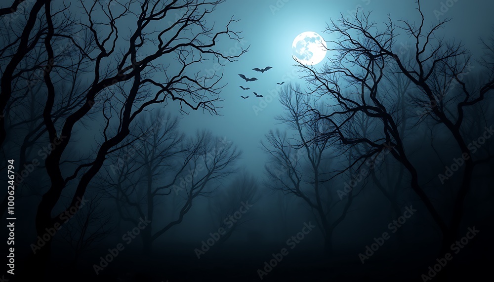 A chilling Halloween poster depicting a fog-covered forest at night. A chilling Halloween poster depicting a fog-covered forest at night.