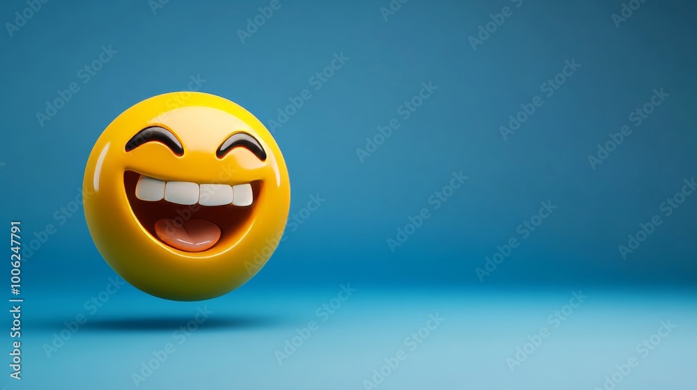 Fototapeta premium Yellow emoji showing teeth and laughing out loud on blue background
