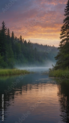 Lake surrounded by dense forest, with misty fog hovering over water. Sky filled with warm, vibrant colors from setting sun, creating picturesque and tranquil scene