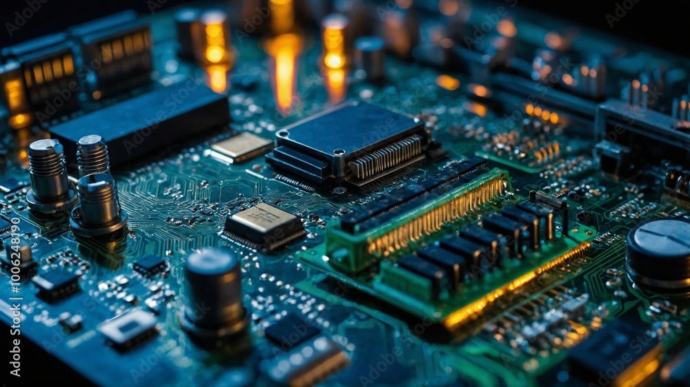 Computer motherboard with various electronic components and circuits, including central processing unit (CPU) chip, capacitors, and other integrated circuits. Motherboard has blue and green color Computer motherboard with various electronic components and circuits, including central processing unit (CPU) chip, capacitors, and other integrated circuits. Motherboard has blue and green color