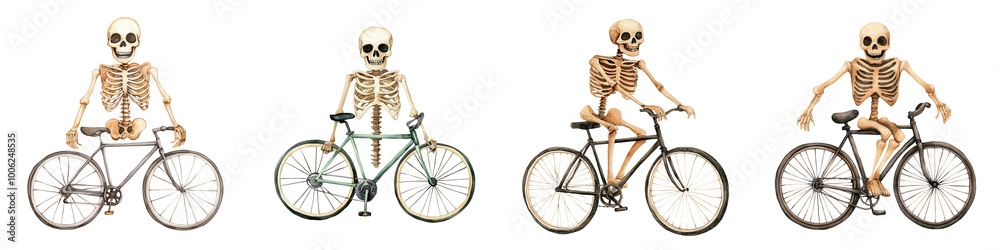 Fototapeta premium Skeletons riding bicycles in various poses, quirky and fun, white isolated background.