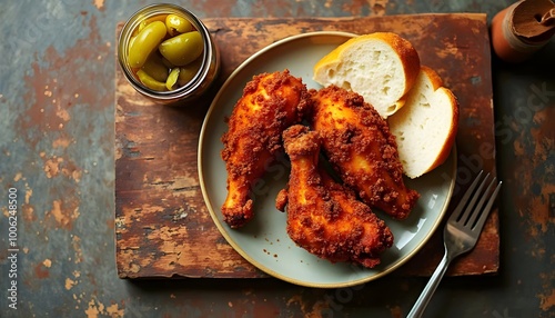 Crispy Cajun Fried Chicken Drumsticks with Pickles and Bread (Cajun Cuisine)