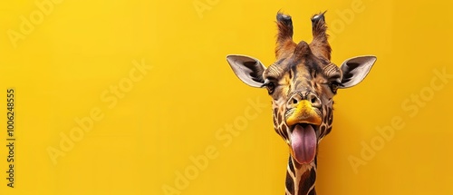 A giraffe is sticking its tongue out in front of a yellow background , with ample copy space for text.