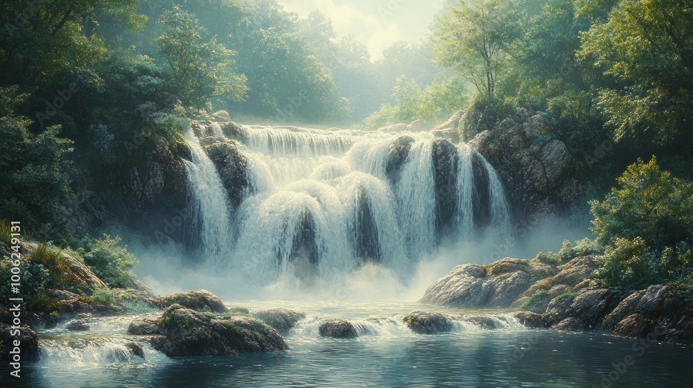 A scenic waterfall cascades down a rocky cliff face, surrounded by lush green trees and a misty atmosphere. A scenic waterfall cascades down a rocky cliff face, surrounded by lush green trees and a misty atmosphere.