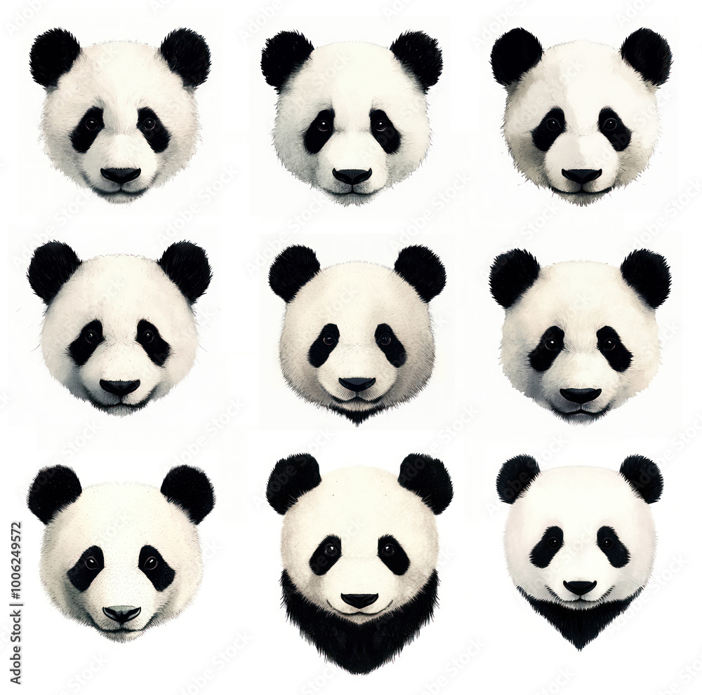 Collection of adorable panda faces on a white isolated background. Collection of adorable panda faces on a white isolated background.