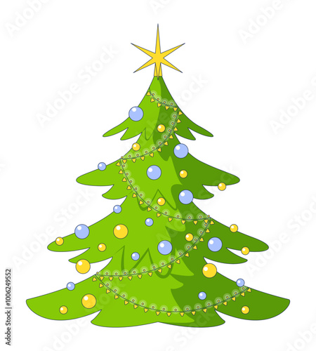 Star Christmas tree with string lights 2D cartoon object. Xmas spruce decorated with festive ornaments. Christmastree isolated element flat vector clipart on white background. Spot illustration
