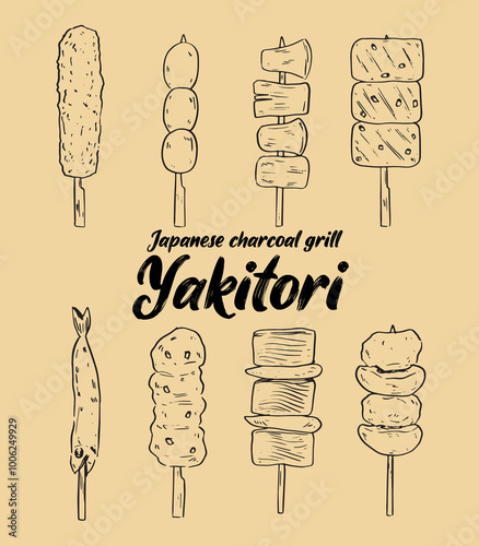 Collection of hand drawn Yakitori Japanese charcoal grill skewers food vector illustration set1