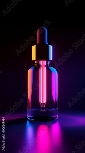 Transparent dropper bottle glowing with neon light