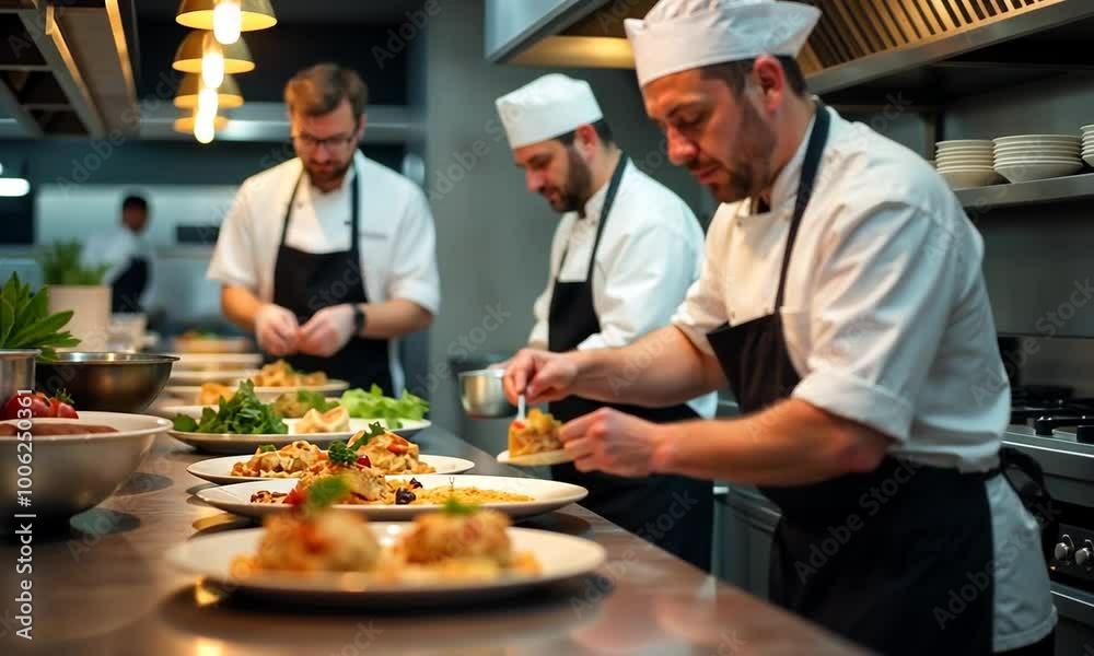 Three Chefs Preparing Food in a Restaurant Kitchen Three Chefs Preparing Food in a Restaurant Kitchen