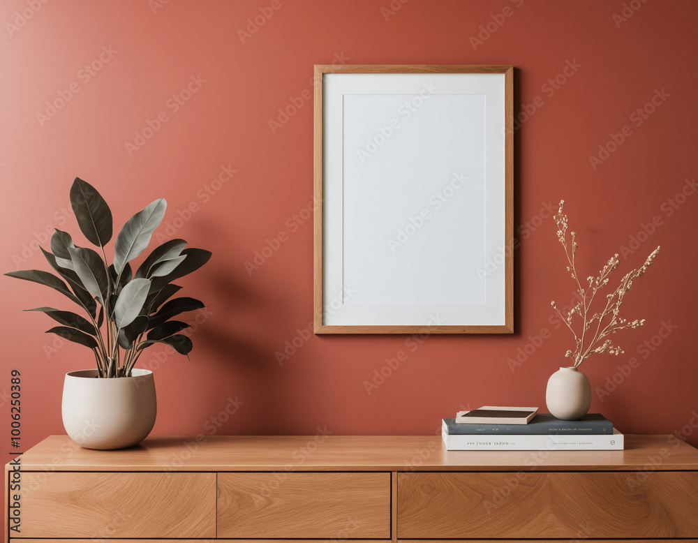 Mock up frame hanging on a red wall with minimal decoration Mock up frame hanging on a red wall with minimal decoration