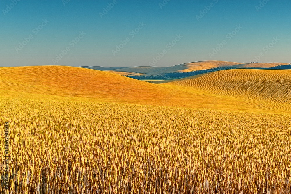 A detailed close-up panoramic view of golden wheat fields gently swaying in the breeze under a clear azure sky during a vibrant sunset. Warm sunlight casts a golden glow over the landscape. A detailed close-up panoramic view of golden wheat fields gently swaying in the breeze under a clear azure sky during a vibrant sunset. Warm sunlight casts a golden glow over the landscape.